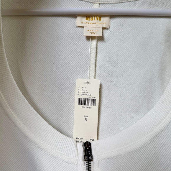 NWT - Maeve Anthropologie White Front Zip Scoop Neck Elbow Sleeve Top Size M - Picture 2 of 3